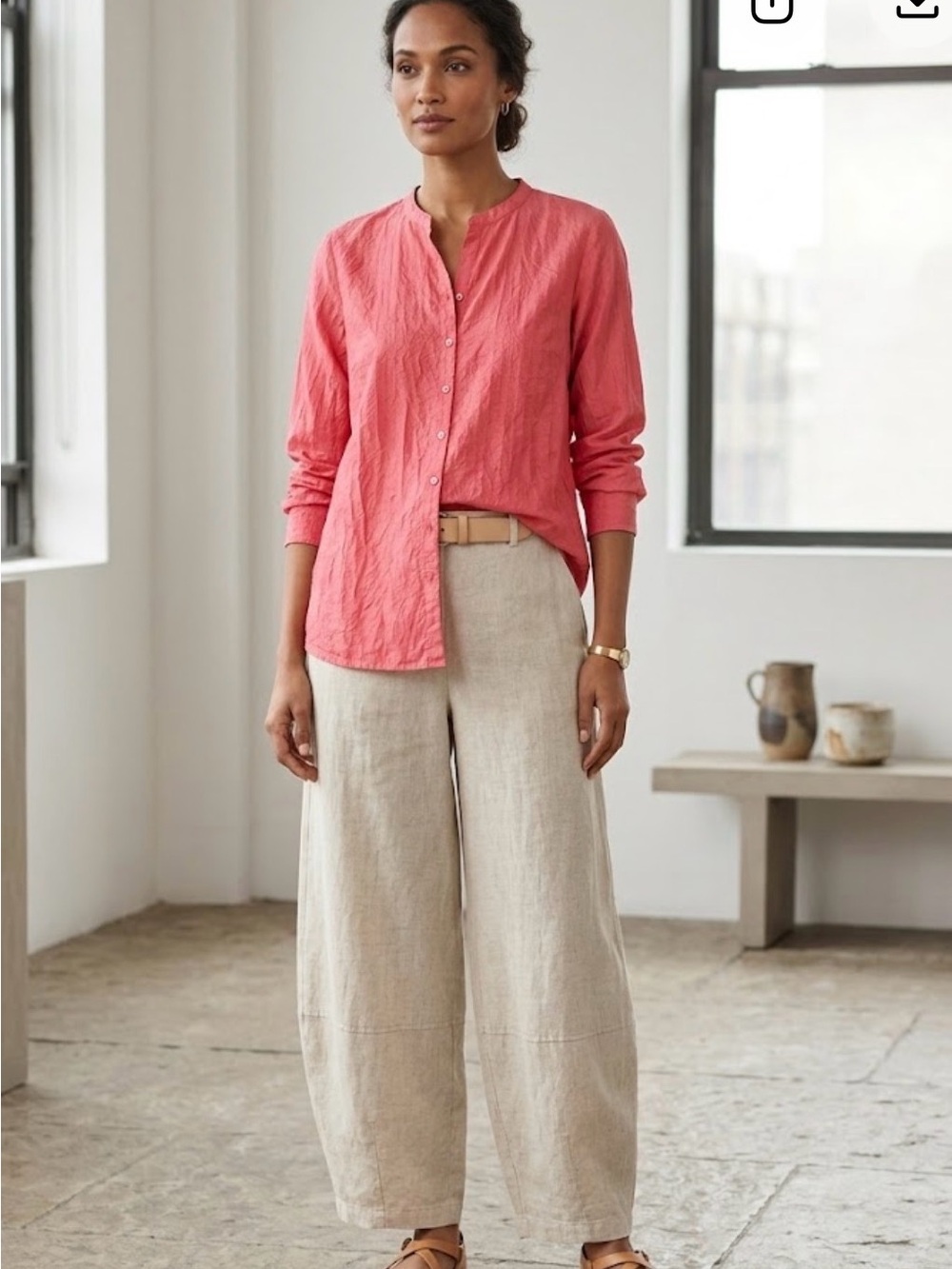 EILEEN FISHER 100% Silk Crinkled Mandarin Collar Button Front Shirt Top Pink